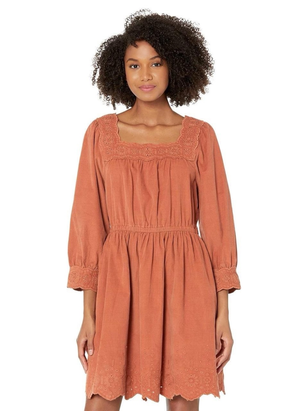 Madewell Rust Embroidered Corduroy Square-Neck Long Sleeve Dress